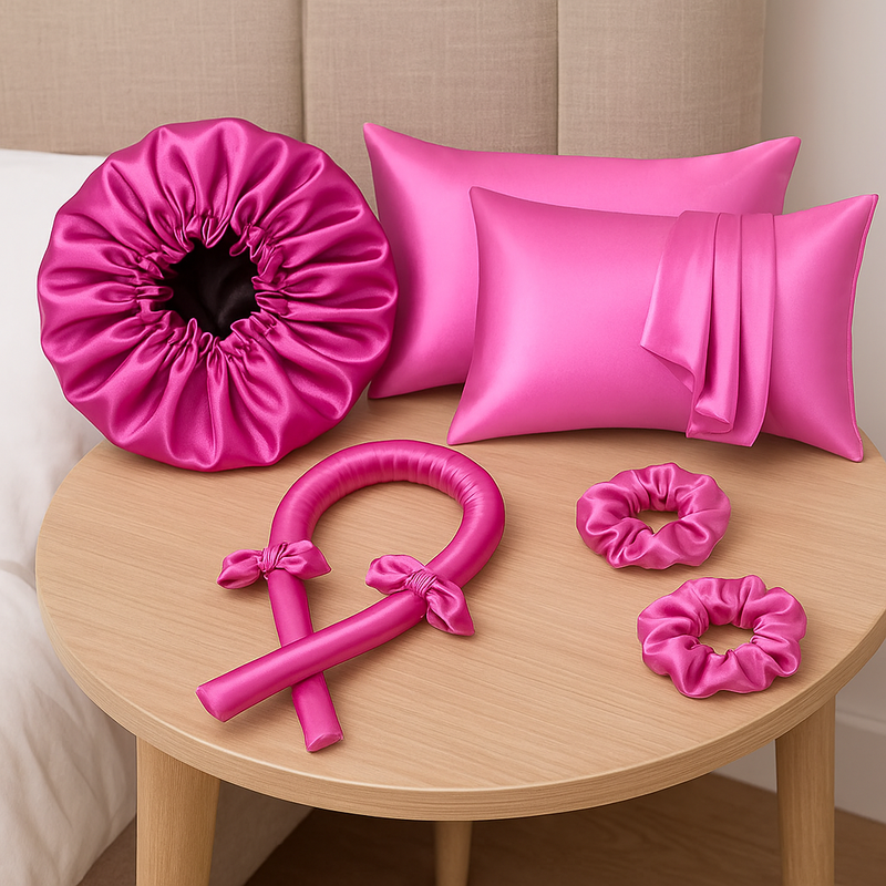 Kit Anti Frizz Cetim com Touca, Modelador, Fronhas e Scrunchies