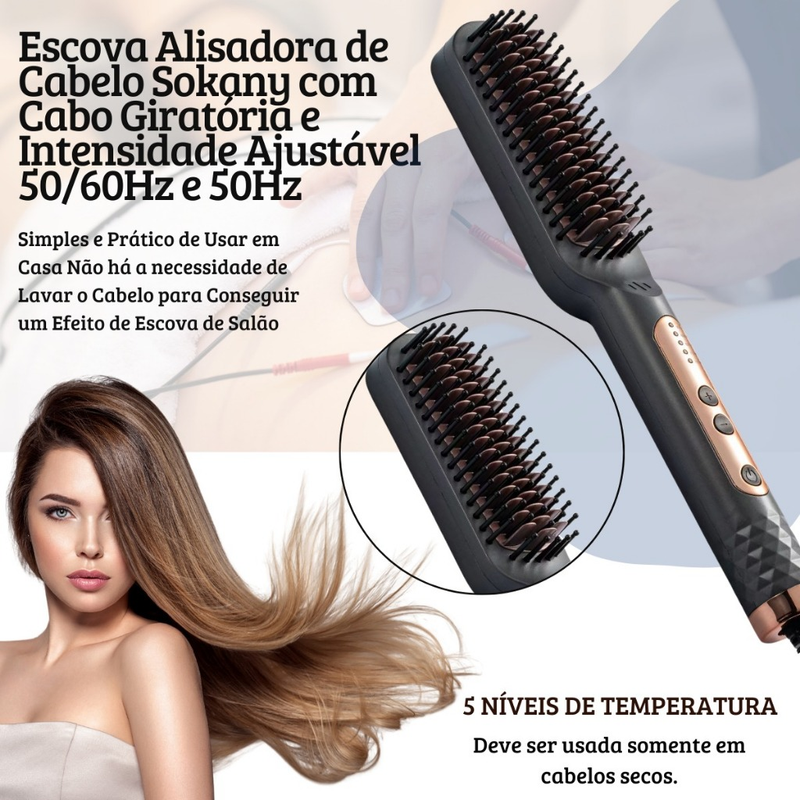 Escova Alisadora Sokany 5 em 1 - Alisa, Hidrata, Modela, Alinha e Anti-Frizz com Nf Bivolt