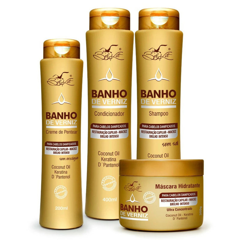 KIT Banho De Verniz BELKIT 4 Itens: Shampoo + Condic. + Leave + Máscara.